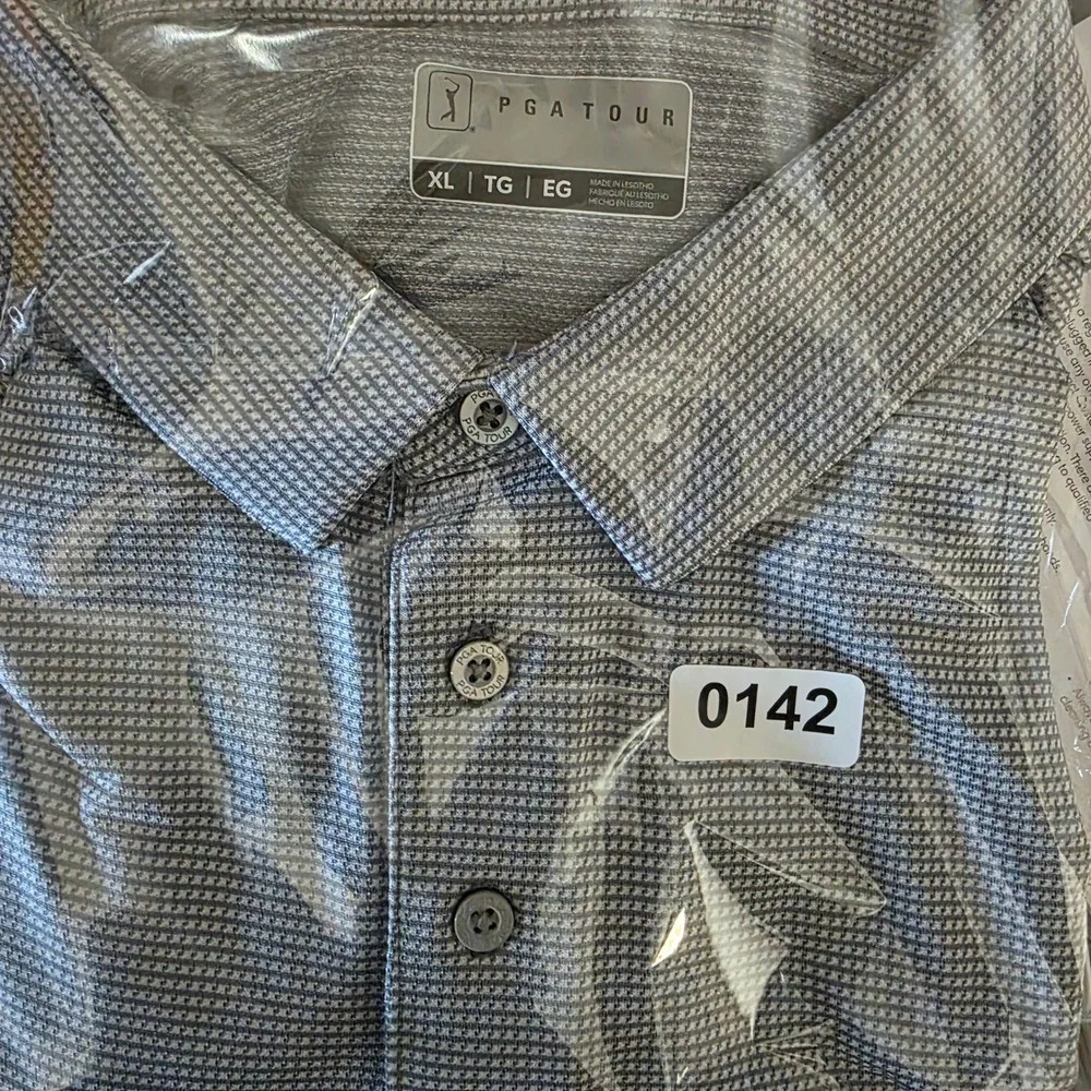 PGA‎ TOUR Men's Golf Polo Shirt XL Gray Micro Check Short Sleeve 100% Polyester
